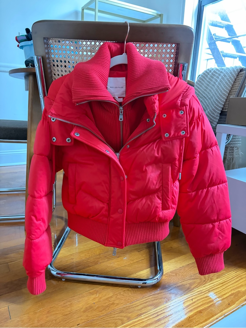 AVEC LES FILLES - Red Thermalpuff Crop Puffer Jacket with Rib Bib